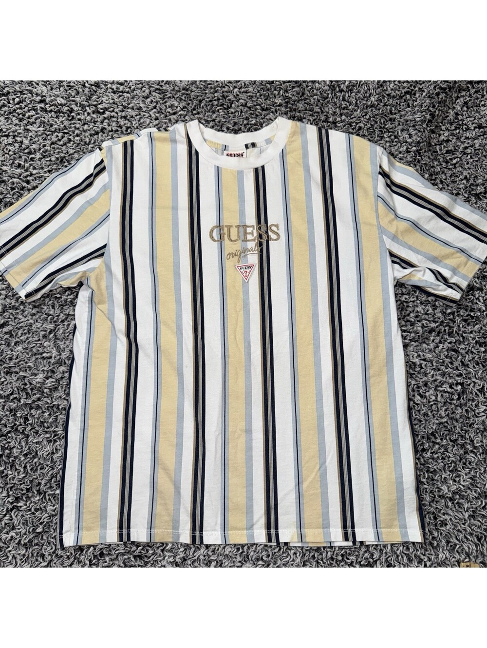 Guess Originals T Shirt Mens Medium Brown /navy Vertical Striped Embroidered Tee - Picture 1 of 5